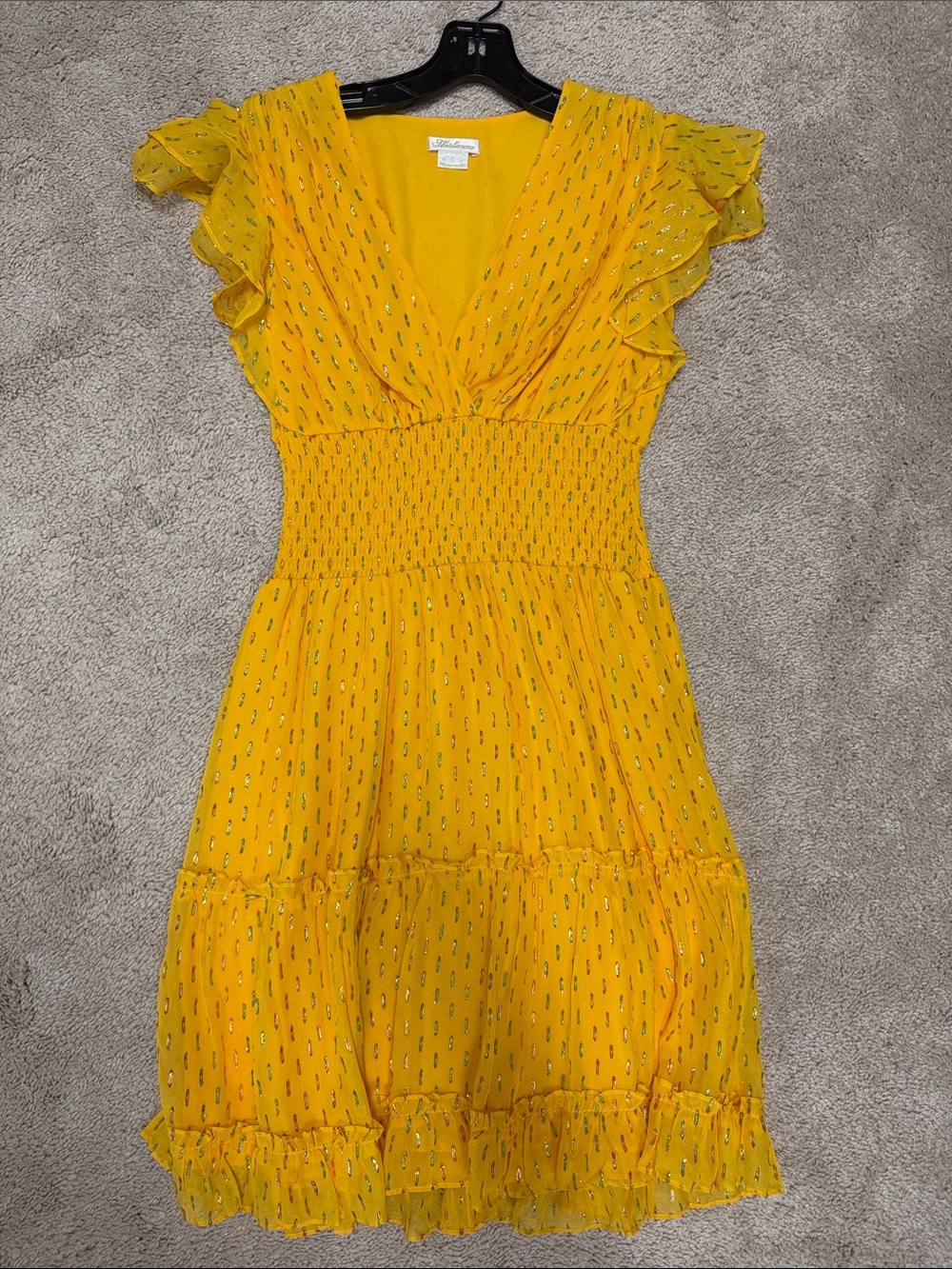 Shoshanna Bright Yellow Smocked V-Neck Ruffle Mini Dress